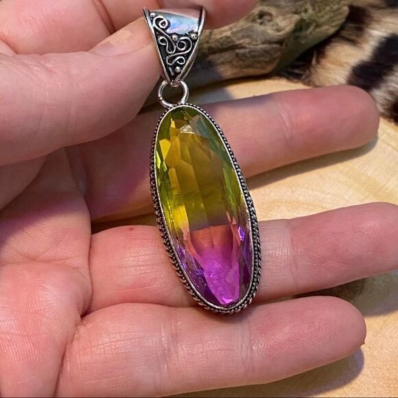 Bi-Color Tourmaline Green Purple Sterling Silver Pendant - Picture 3 of 10